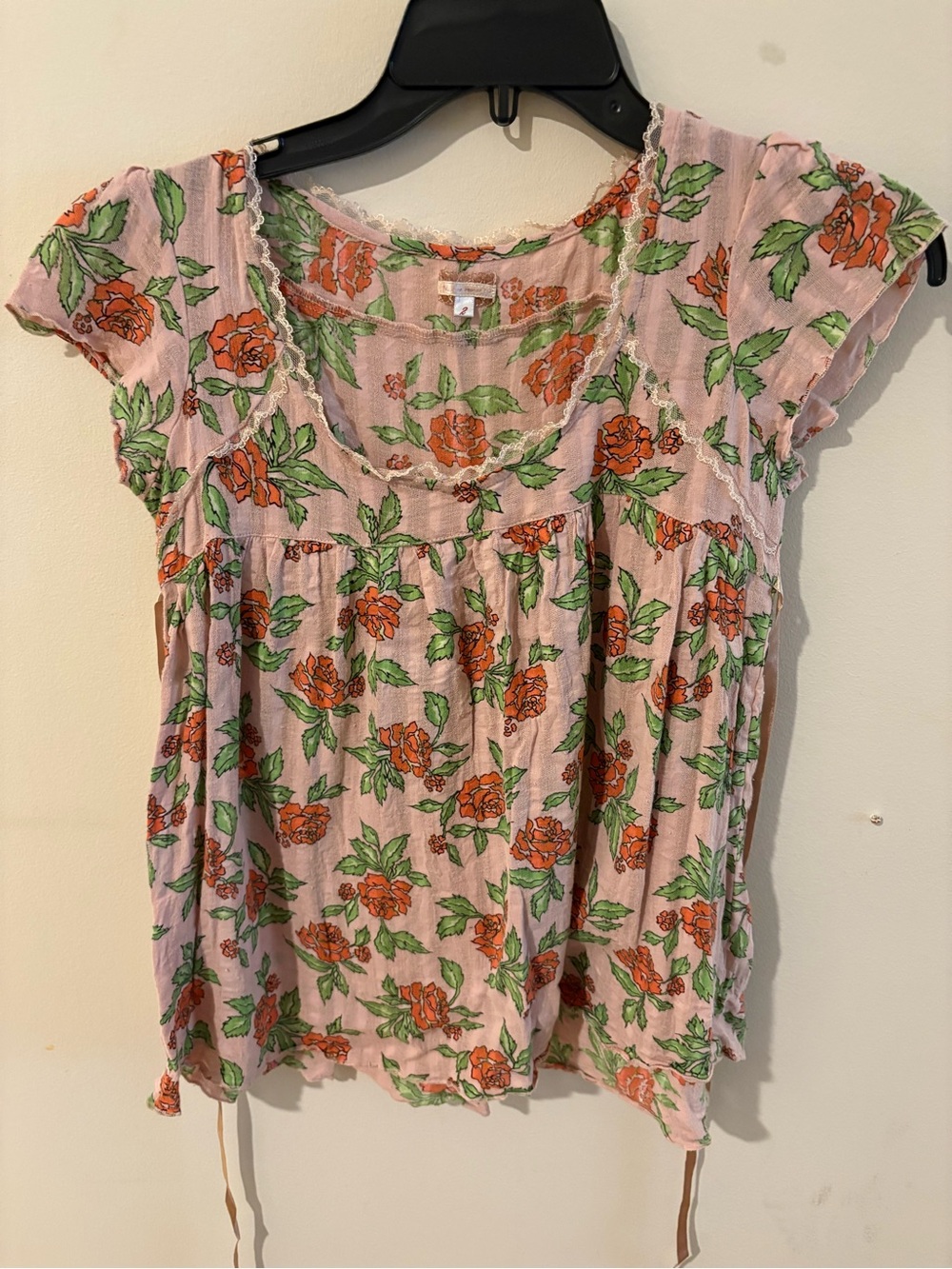 Free People Pink Floral Short Sleeve Scoop Neck Top